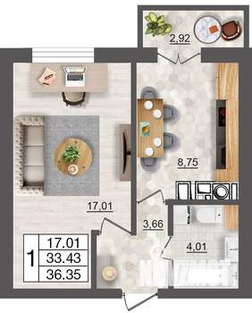 1-к квартира, строящийся дом, 36м2, 3/10 этаж