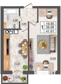 1-к квартира, строящийся дом, 42м2, 7/10 этаж