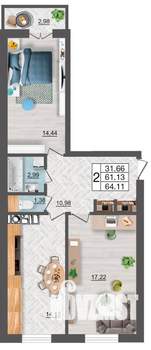 2-к квартира, строящийся дом, 64м2, 4/10 этаж