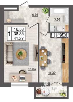 1-к квартира, строящийся дом, 41м2, 4/10 этаж
