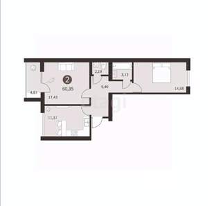 2-к квартира, вторичка, 61м2, 4/10 этаж