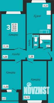 3-к квартира, строящийся дом, 81м2, 9/10 этаж