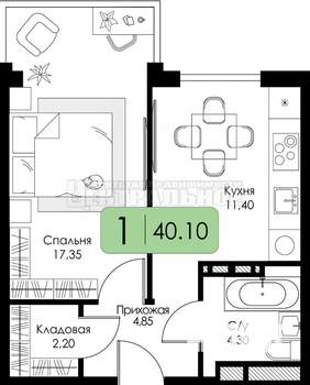 1-к квартира, вторичка, 40м2, 3/15 этаж