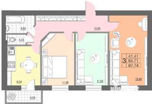 3-к квартира, строящийся дом, 68м2, 9/10 этаж