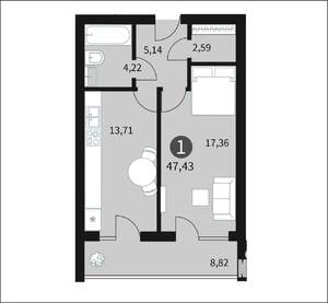 1-к квартира, строящийся дом, 47м2, 7/10 этаж