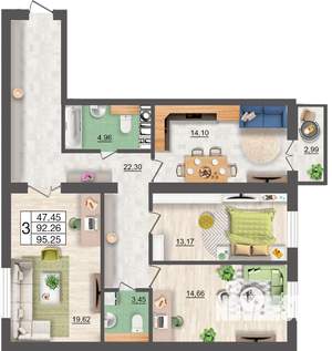 3-к квартира, строящийся дом, 95м2, 3/10 этаж