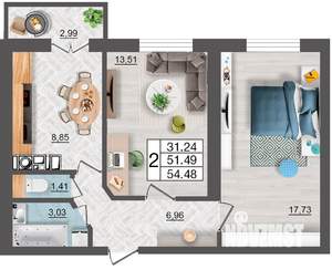 2-к квартира, строящийся дом, 54м2, 4/10 этаж
