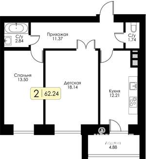 2-к квартира, строящийся дом, 62м2, 10/10 этаж