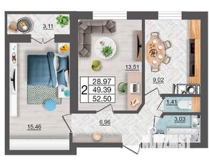 2-к квартира, строящийся дом, 53м2, 2/10 этаж