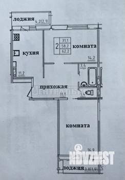 2-к квартира, вторичка, 62м2, 1/10 этаж