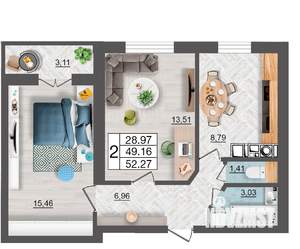 2-к квартира, строящийся дом, 52м2, 8/10 этаж