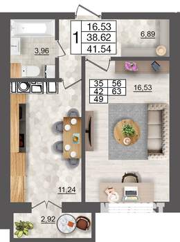 1-к квартира, строящийся дом, 42м2, 10/10 этаж