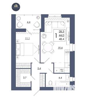 1-к квартира, строящийся дом, 48м2, 2/16 этаж