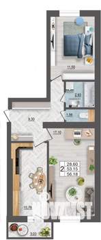 2-к квартира, строящийся дом, 56м2, 4/10 этаж