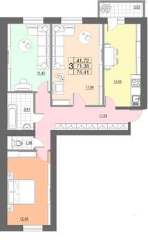 3-к квартира, строящийся дом, 74м2, 1/10 этаж