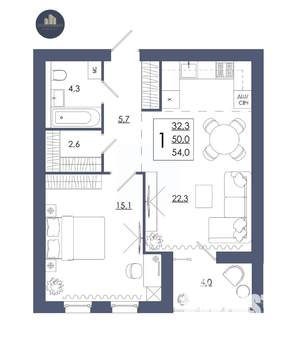 1-к квартира, строящийся дом, 54м2, 14/16 этаж