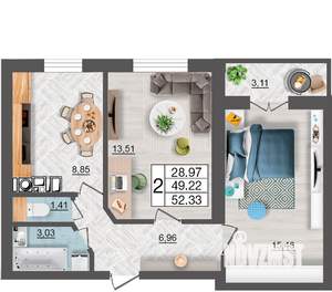 2-к квартира, строящийся дом, 52м2, 3/10 этаж