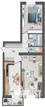 2-к квартира, строящийся дом, 56м2, 10/10 этаж