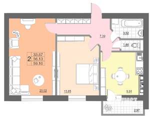 2-к квартира, строящийся дом, 59м2, 9/10 этаж