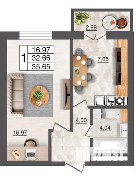 1-к квартира, строящийся дом, 36м2, 7/10 этаж