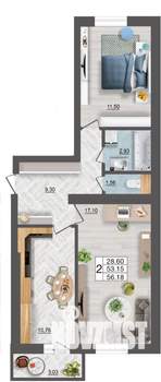 2-к квартира, строящийся дом, 56м2, 1/10 этаж