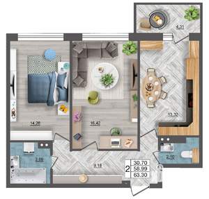 2-к квартира, строящийся дом, 63м2, 2/18 этаж