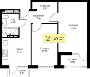 2-к квартира, строящийся дом, 59м2, 14/15 этаж