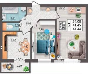 2-к квартира, строящийся дом, 44м2, 4/10 этаж