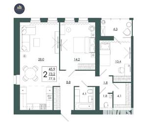2-к квартира, строящийся дом, 78м2, 13/16 этаж
