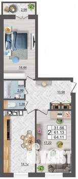 2-к квартира, строящийся дом, 64м2, 3/10 этаж