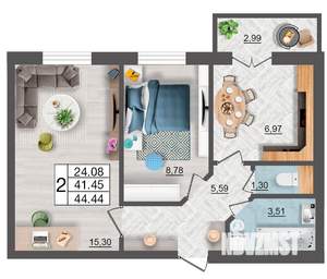 2-к квартира, строящийся дом, 44м2, 4/10 этаж