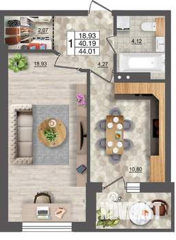 1-к квартира, вторичка, 44м2, 6/18 этаж