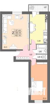 2-к квартира, строящийся дом, 62м2, 4/10 этаж