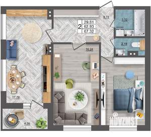 2-к квартира, вторичка, 67м2, 6/18 этаж