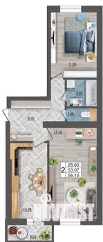 2-к квартира, строящийся дом, 56м2, 10/10 этаж