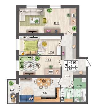 3-к квартира, строящийся дом, 81м2, 2/10 этаж