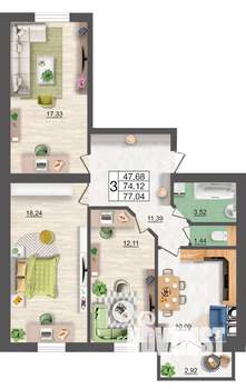 3-к квартира, строящийся дом, 77м2, 9/10 этаж