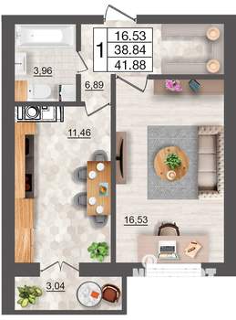 1-к квартира, строящийся дом, 42м2, 2/10 этаж