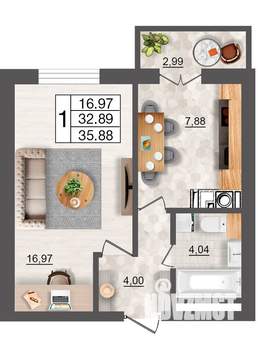 1-к квартира, строящийся дом, 36м2, 2/10 этаж