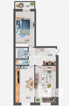 2-к квартира, вторичка, 64м2, 7/10 этаж