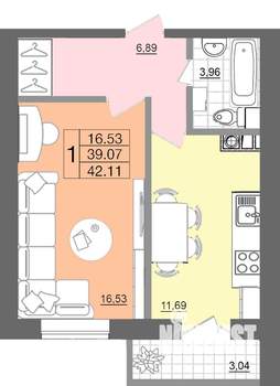 1-к квартира, строящийся дом, 42м2, 1/10 этаж