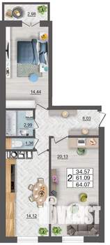 2-к квартира, вторичка, 64м2, 5/10 этаж