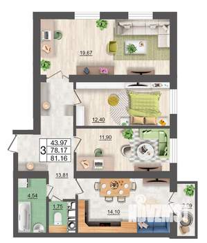 3-к квартира, строящийся дом, 81м2, 9/10 этаж