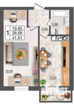 1-к квартира, строящийся дом, 42м2, 7/10 этаж