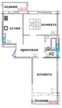 2-к квартира, строящийся дом, 62м2, 1/10 этаж