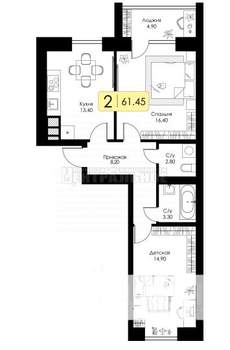 2-к квартира, вторичка, 61м2, 7/10 этаж