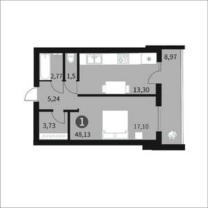 1-к квартира, строящийся дом, 48м2, 7/10 этаж