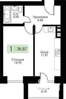 1-к квартира, строящийся дом, 39м2, 6/10 этаж