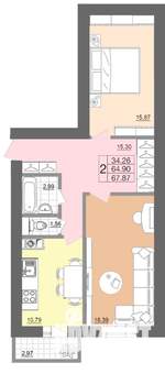 2-к квартира, строящийся дом, 68м2, 1/5 этаж