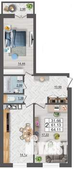 2-к квартира, строящийся дом, 64м2, 4/10 этаж